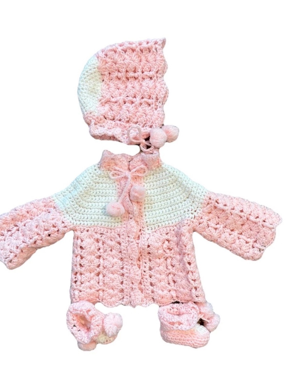 Hand-Crocheted Baby Cardigan Set Pink & White Vintage Hat Sweater Booties